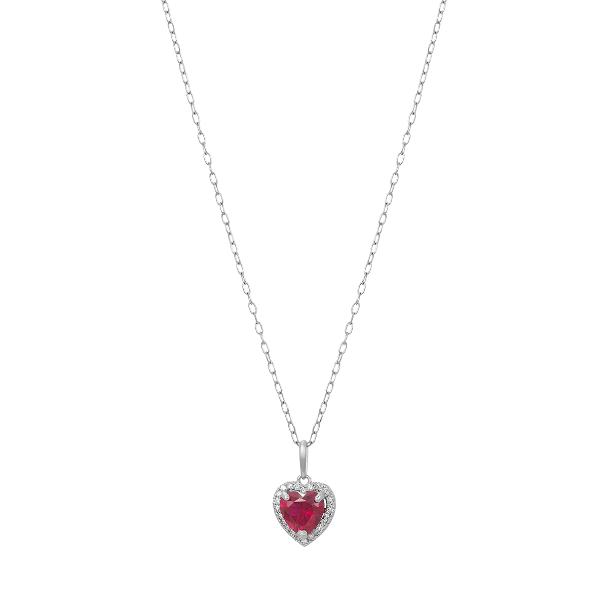 14K White Gold Ruby Heart Diamond Halo Necklace