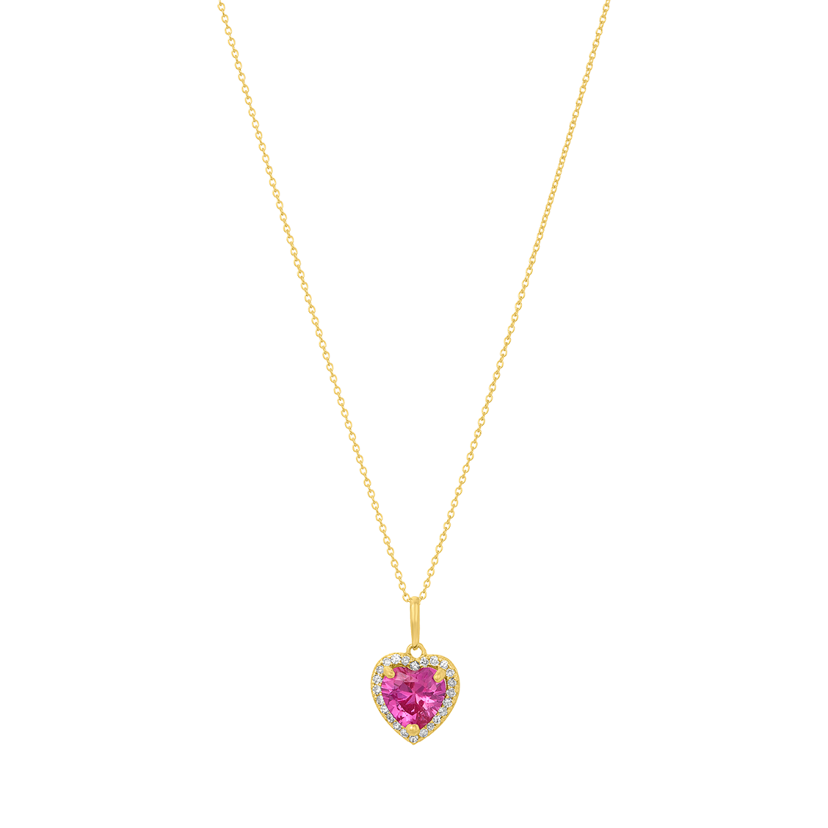 14K Yellow Gold Pink Sapphire Heart Diamond Halo Necklace