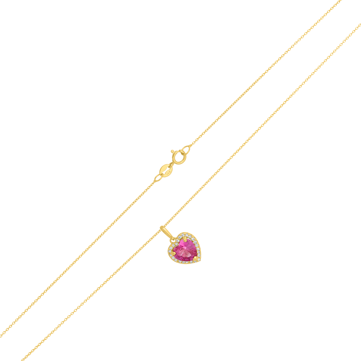 14K Yellow Gold Pink Sapphire Heart Diamond Halo Necklace