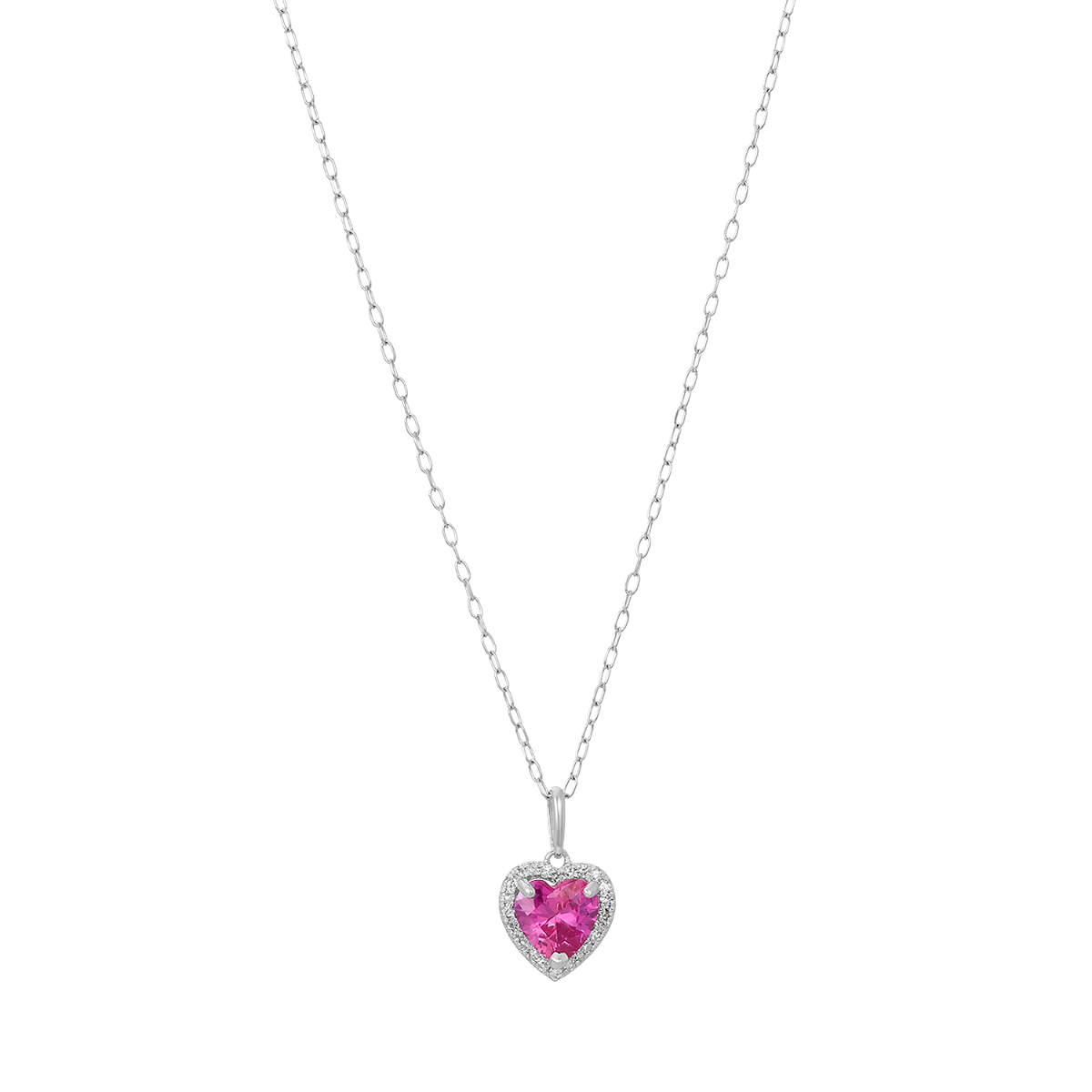 14K White Gold Pink Sapphire Heart Diamond Halo Necklace