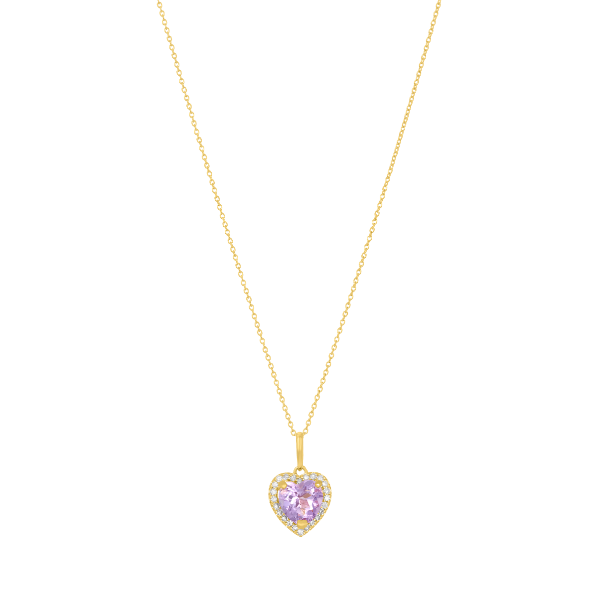 14K Yellow Gold Rose Amethyst Heart Diamond Halo Necklace