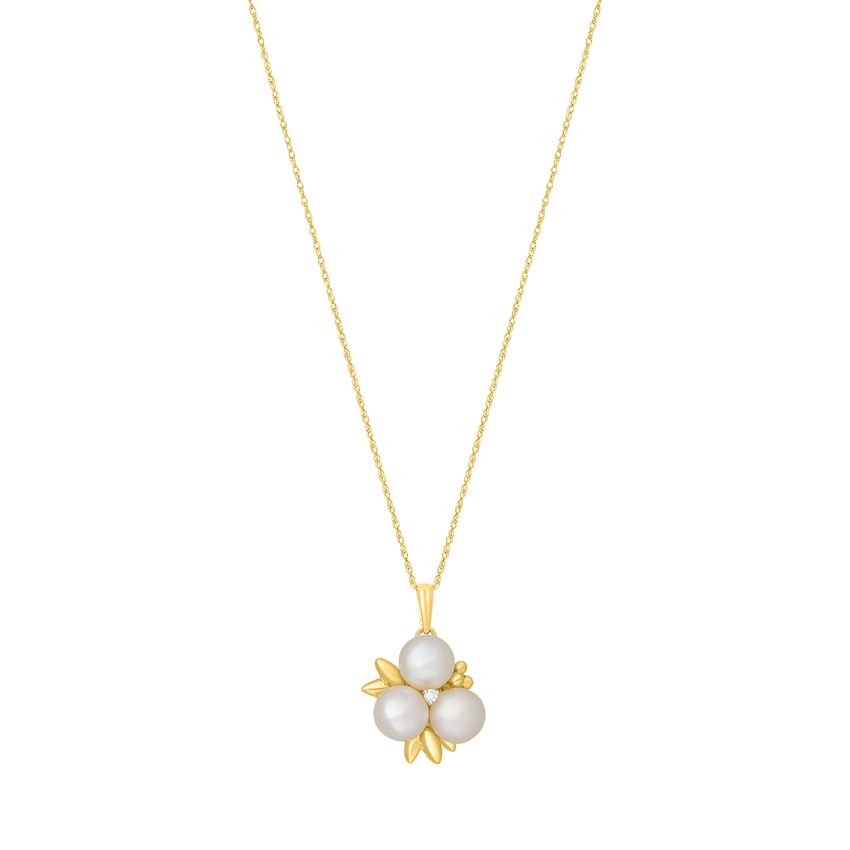 14K Yellow Gold Pearl Cluster Diamond Necklace