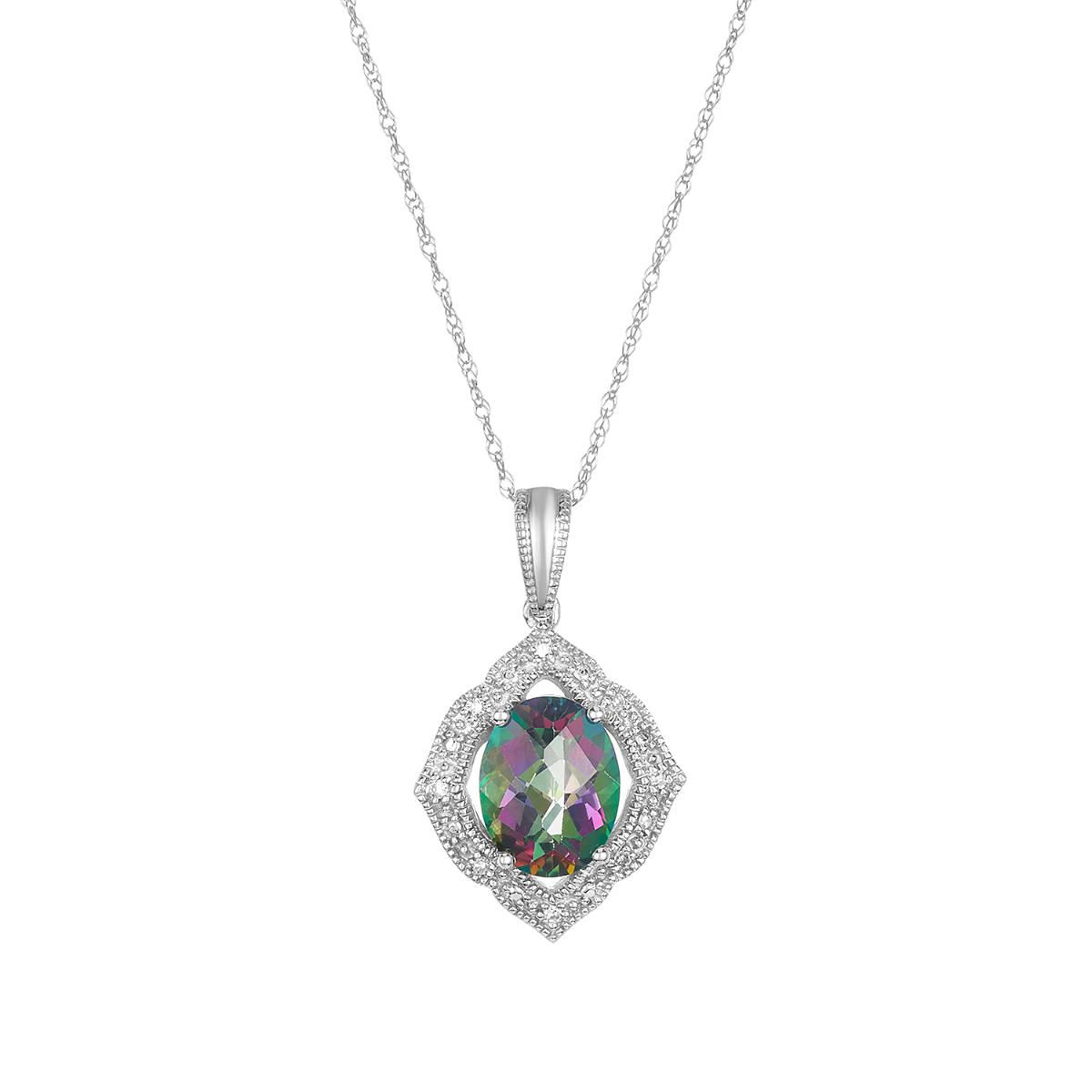 14K White Gold Mystic Topaz Flower Diamond Accent Necklace