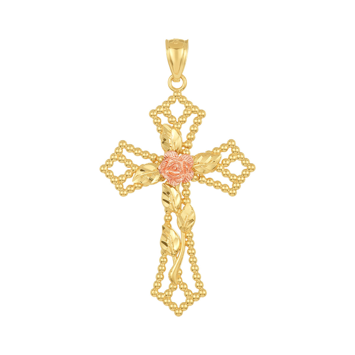 14K Gold Tri-Color Beaded Cross with Rose