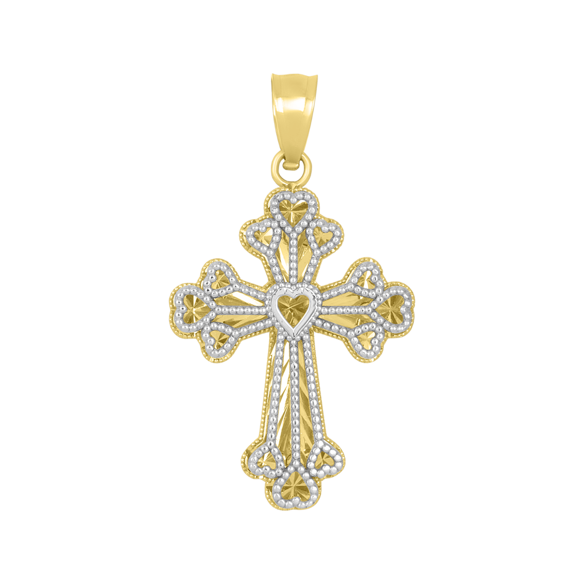 14K Two Tone Gold Cross With Heart Pendant