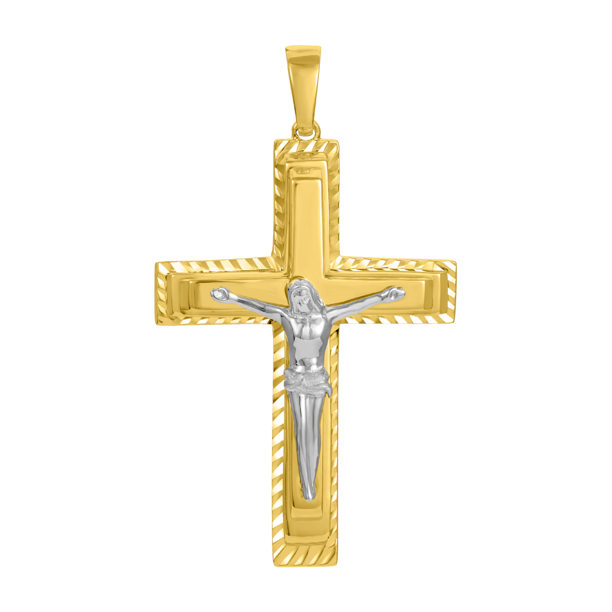 14K Two Tone Gold Crucifix Diamond Cut Edge Pendant