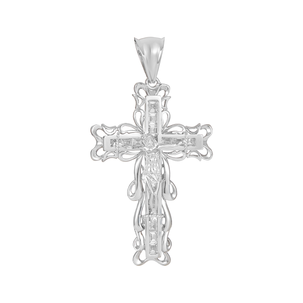 14K White Gold Swirl Edge CZ Center Crucifix Pendant