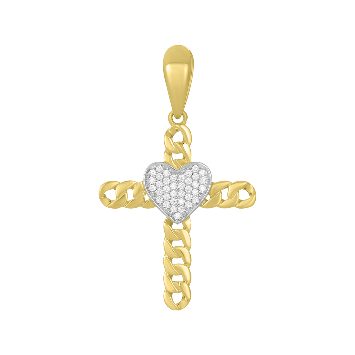 14K Yellow Gold Curb Cross CZ Heart Pendant