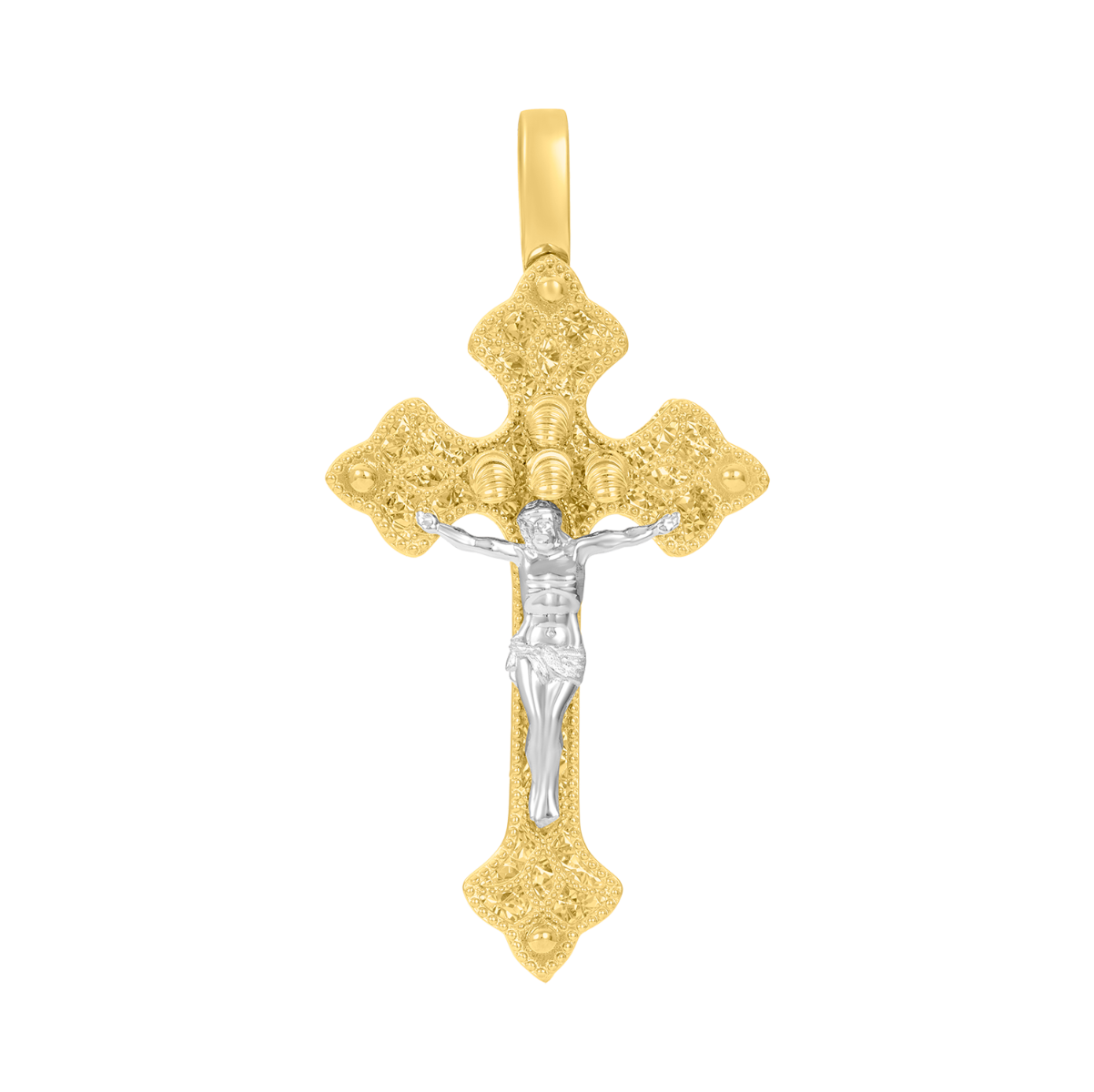 14K Two Tone Gold Beaded Filigree Crucifix Pendant