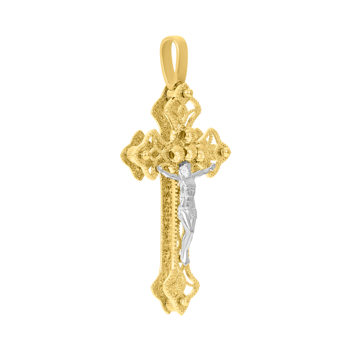 14K Two Tone Gold Beaded Filigree Crucifix Pendant