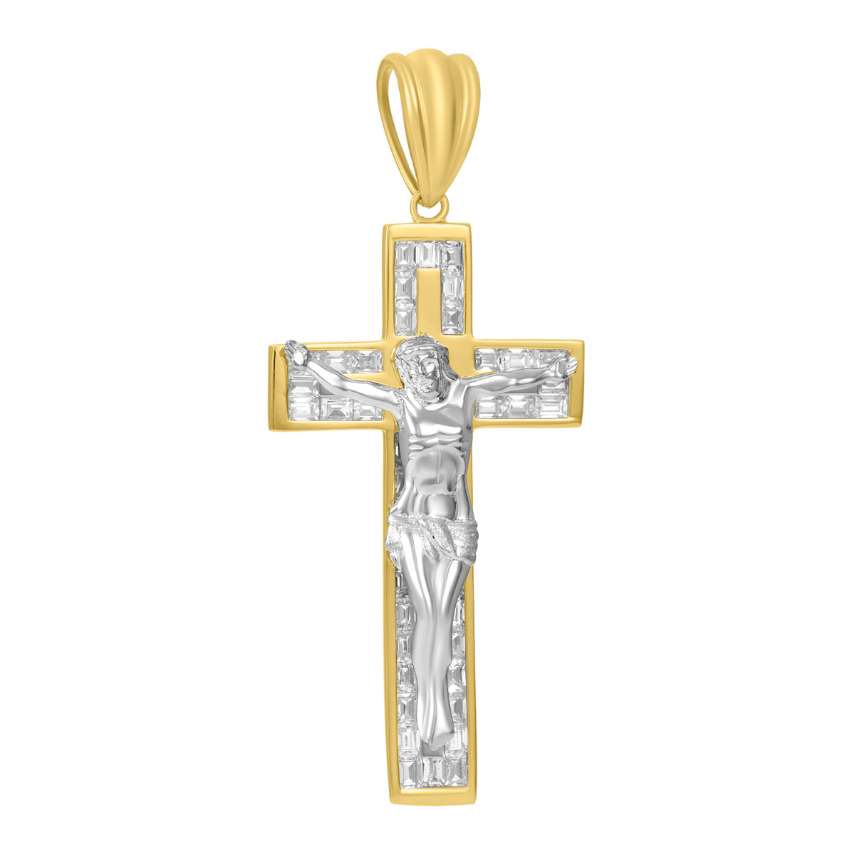14K Two Tone Gold Baguette CZ Crucifix