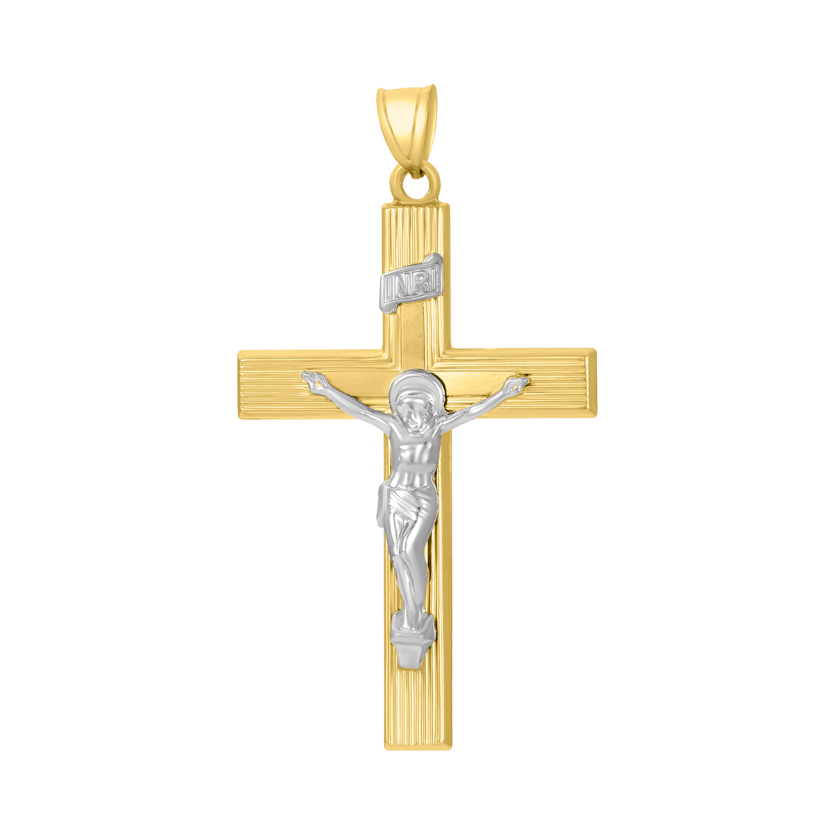 14K Two Tone Gold Engine Turned Crucifix Pendant