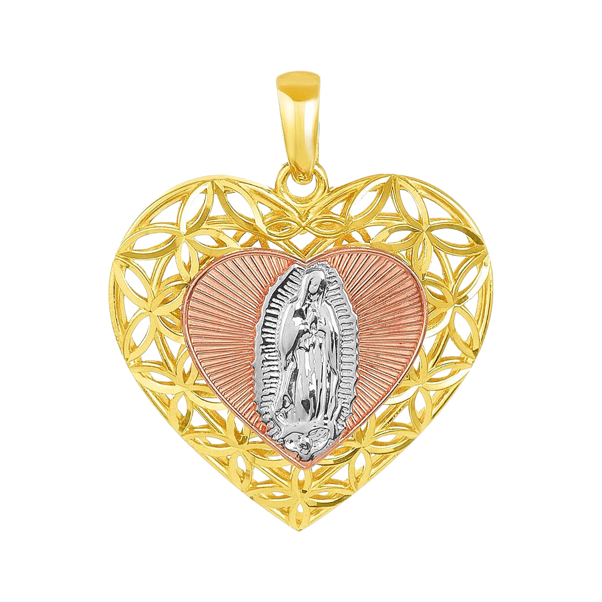 14K Gold Tri-Color Heart Guadalupe Medal