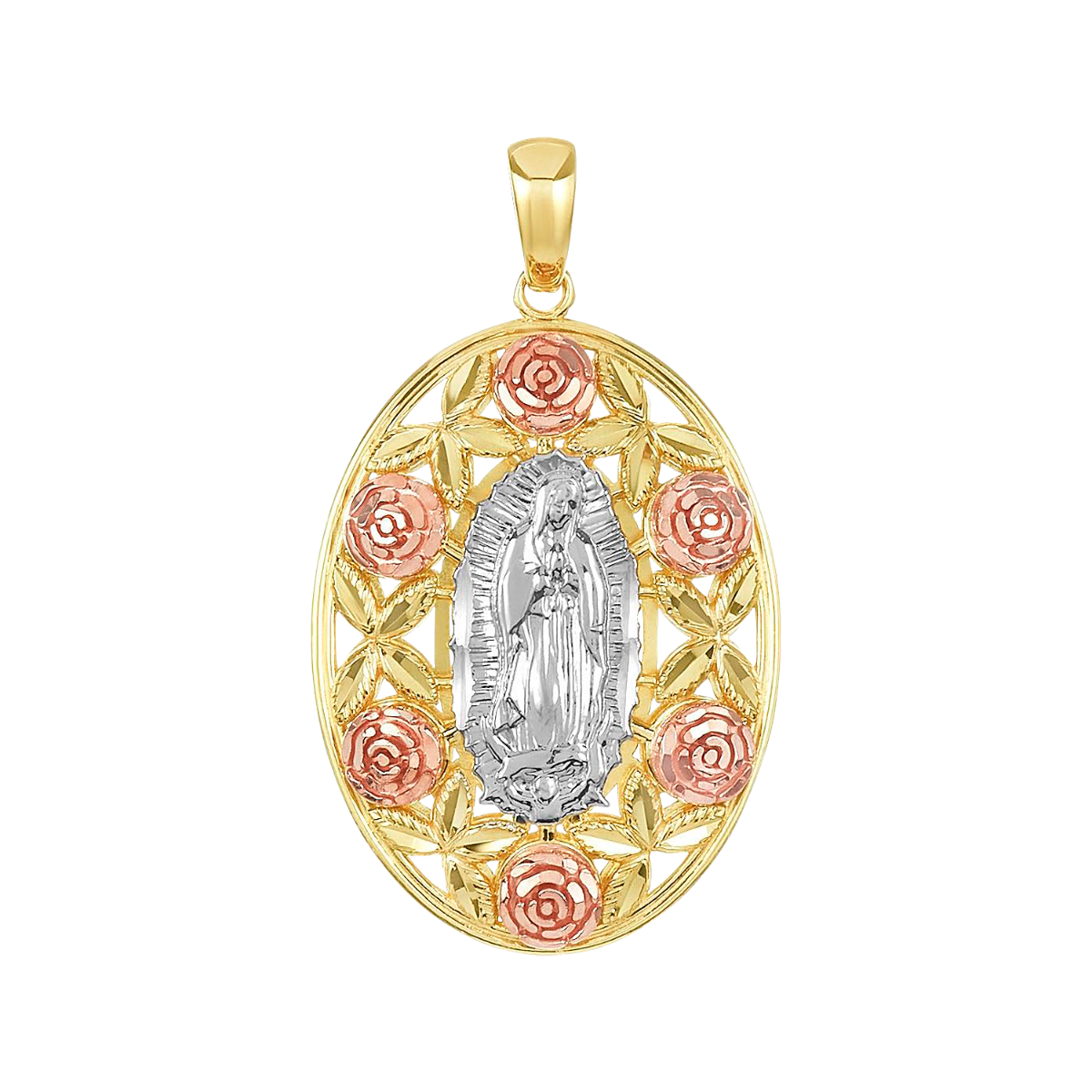 14K Tri Color Gold Guadalupe Roses Oval Frame Medal