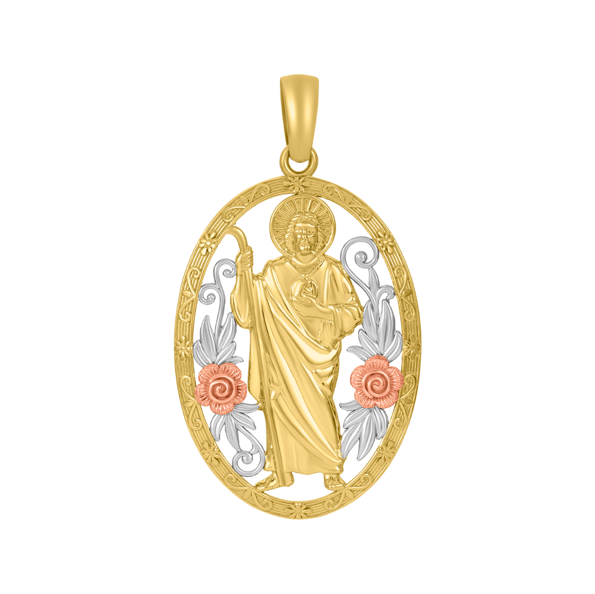 14K Tri Color Gold Oval St. Jude Roses Pendant
