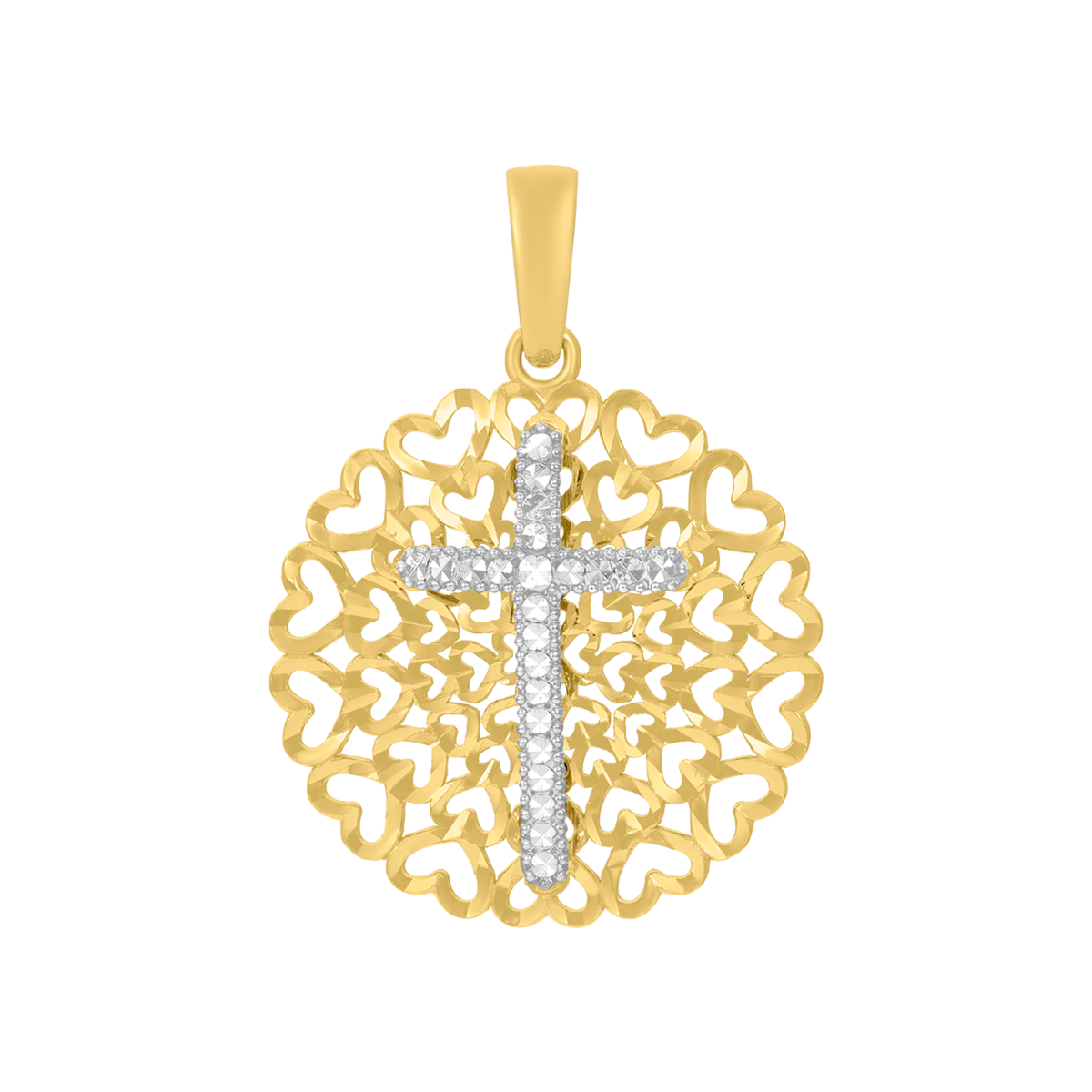 14K Two Tone Gold Cross Hearts Medal Pendant