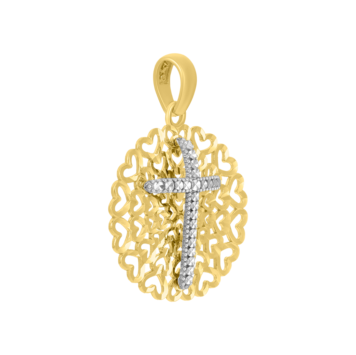 14K Two Tone Gold Cross Hearts Medal Pendant