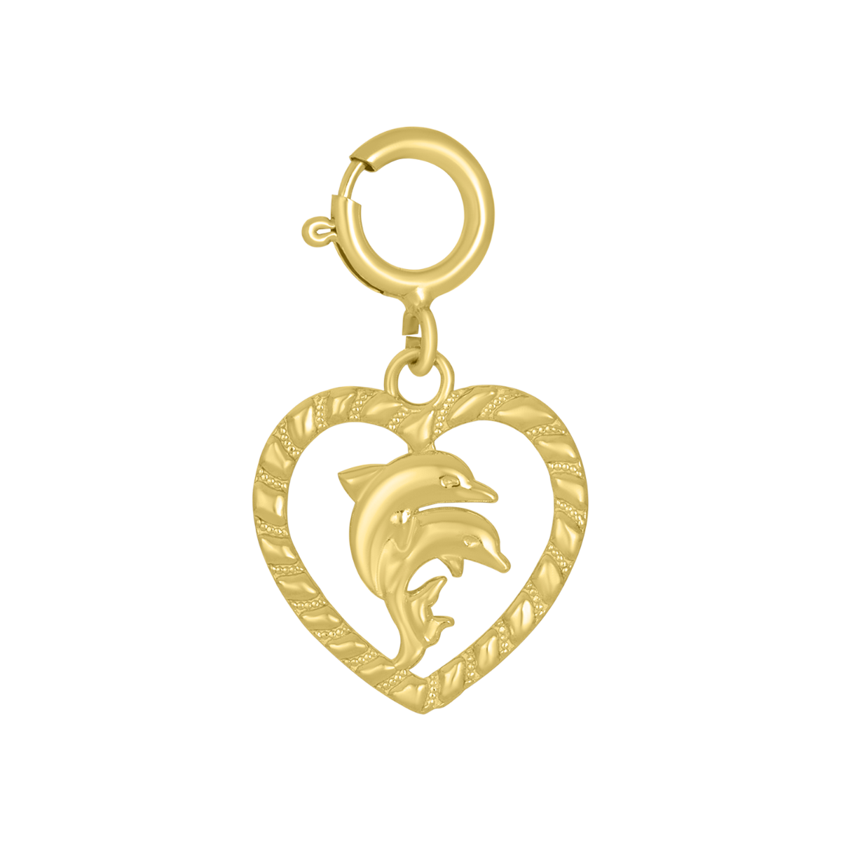 14K Yellow Gold Heart With Dolphins Charm Pendant