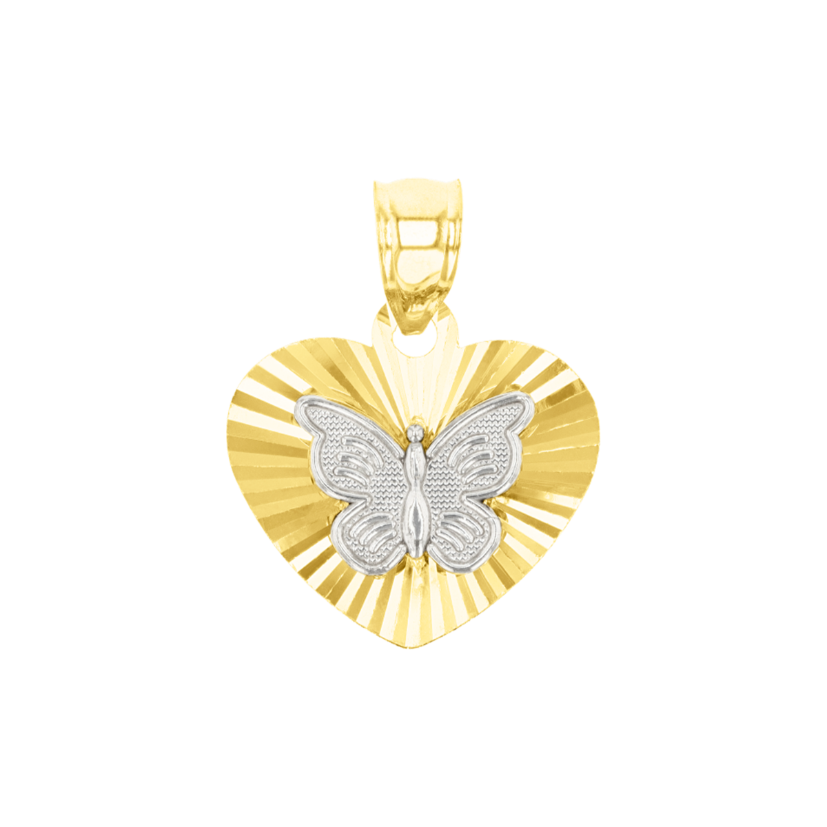 14K Two Tone Gold Butterfly Diamond Cut Heart Pendant