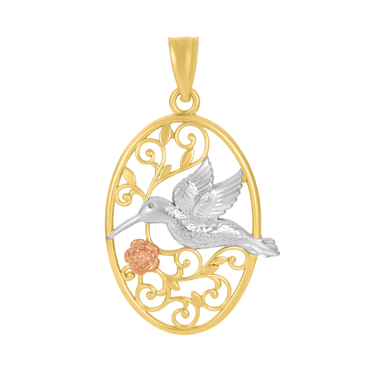 14K Tri Color Gold Hummingbird Rose Pendant