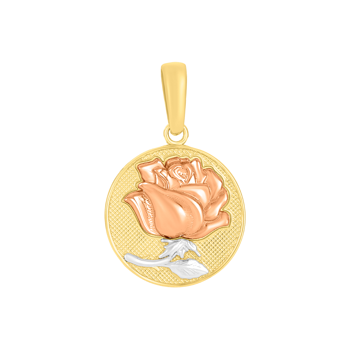 14K Tri Color Gold Rose Medal Charm Pendant