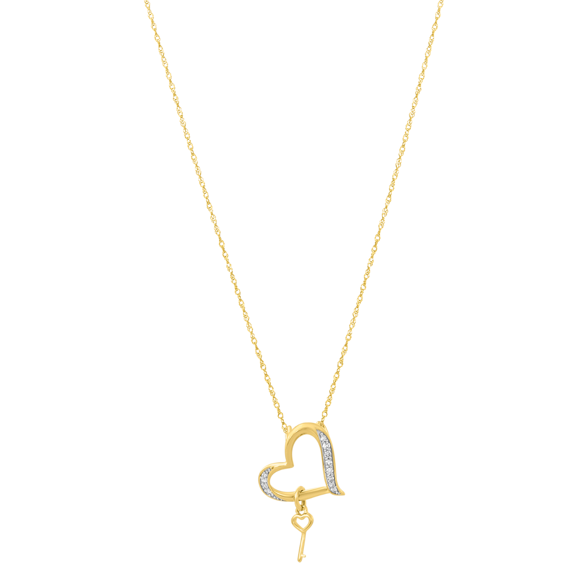 10K Yellow Gold Heart Dangle Key Diamond Necklace