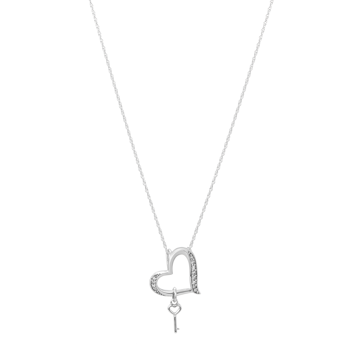 10K White Gold Heart Dangle Key Diamond Necklace