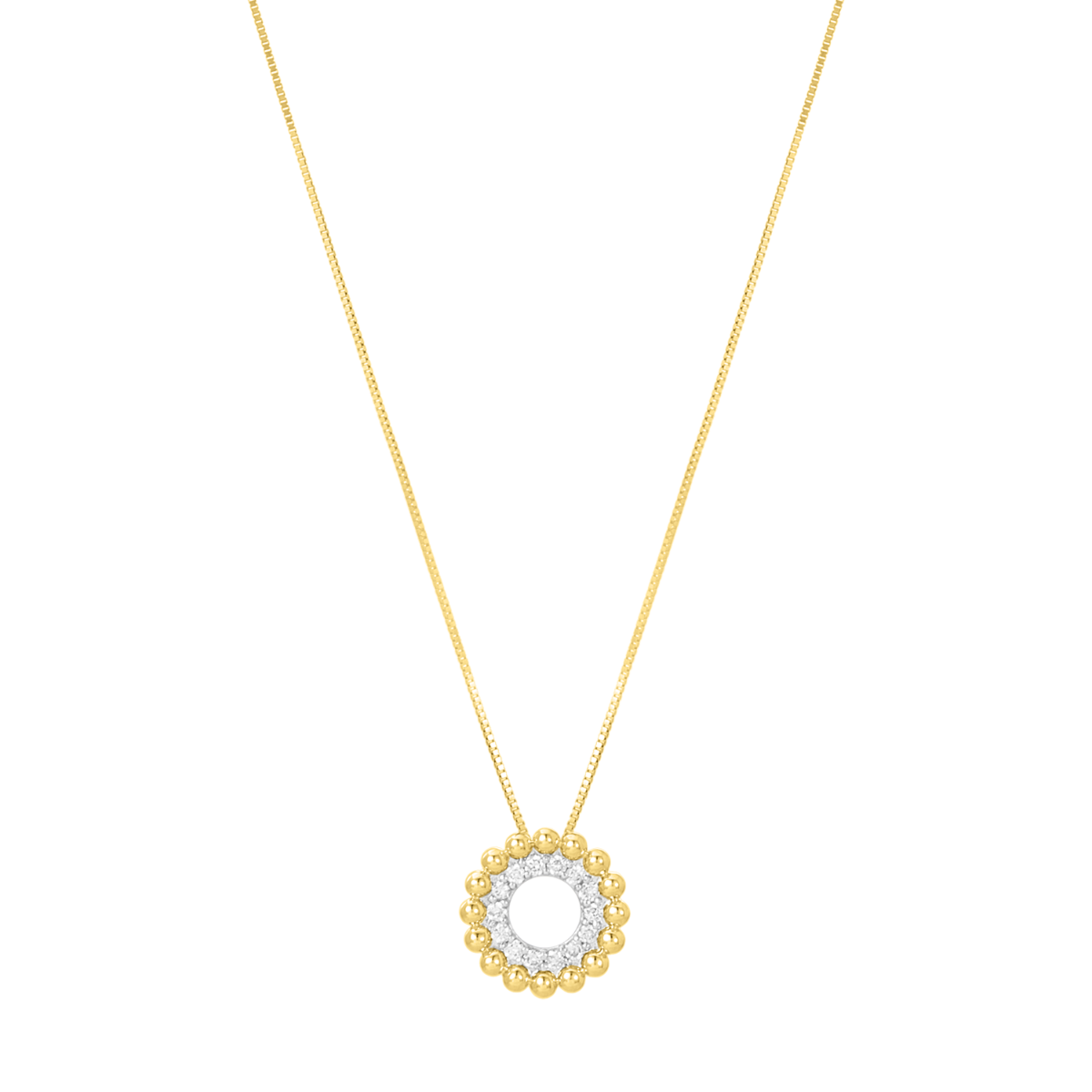 14K Two Tone Gold Beaded Halo Diamond Pendant Necklace