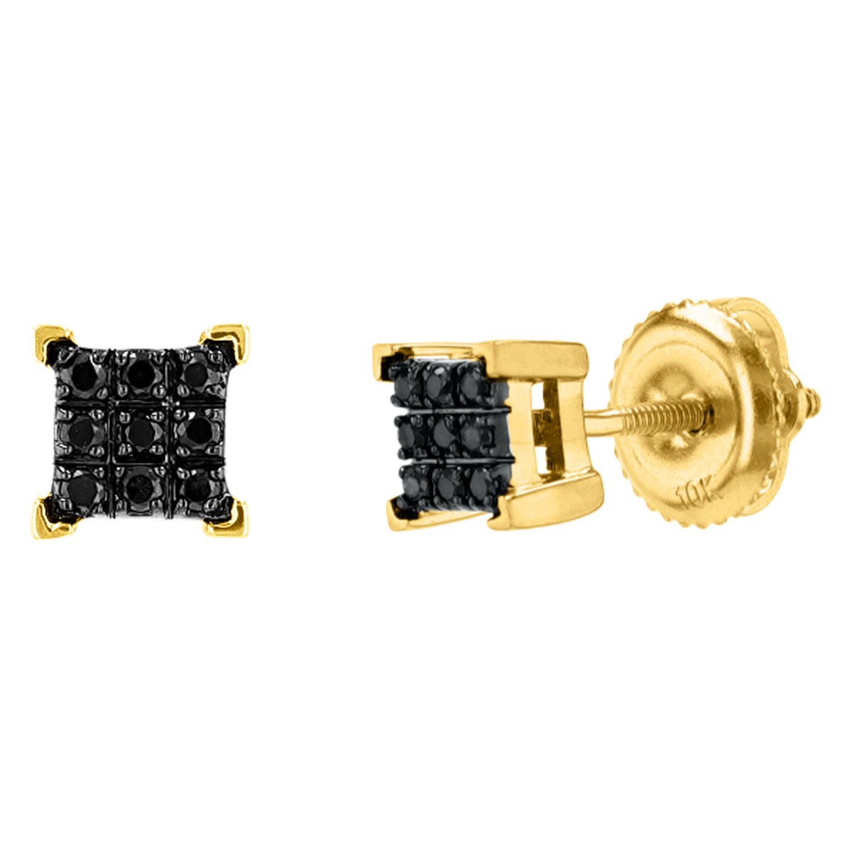 14K Yellow Gold Square Shape Cluster Black Diamond Studs