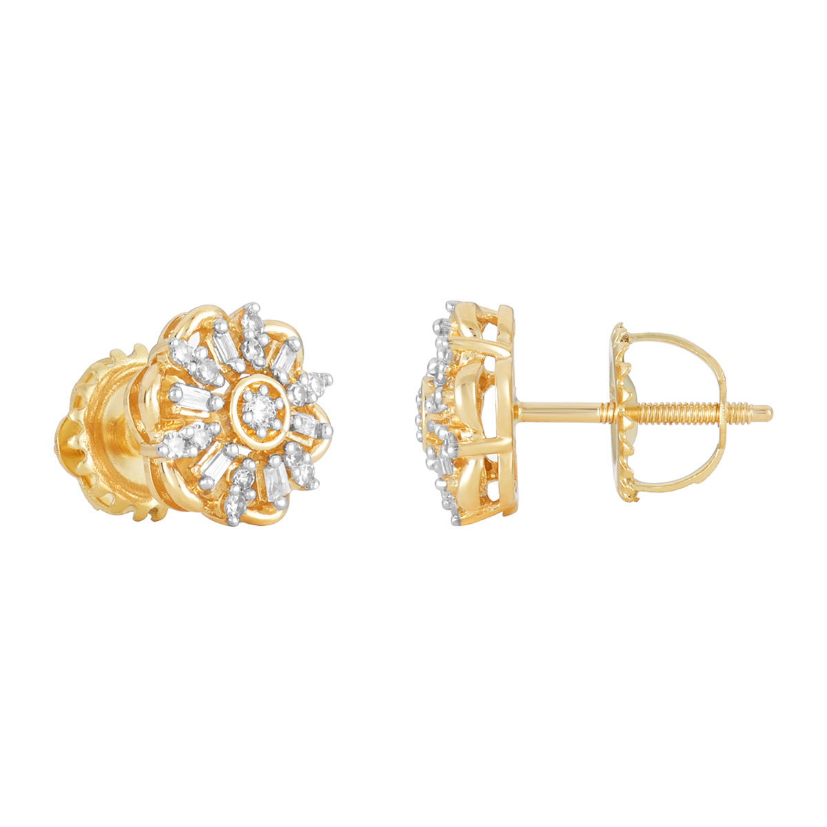 14K Yellow Gold Flower Baguette and Round Diamond Stud Earrings