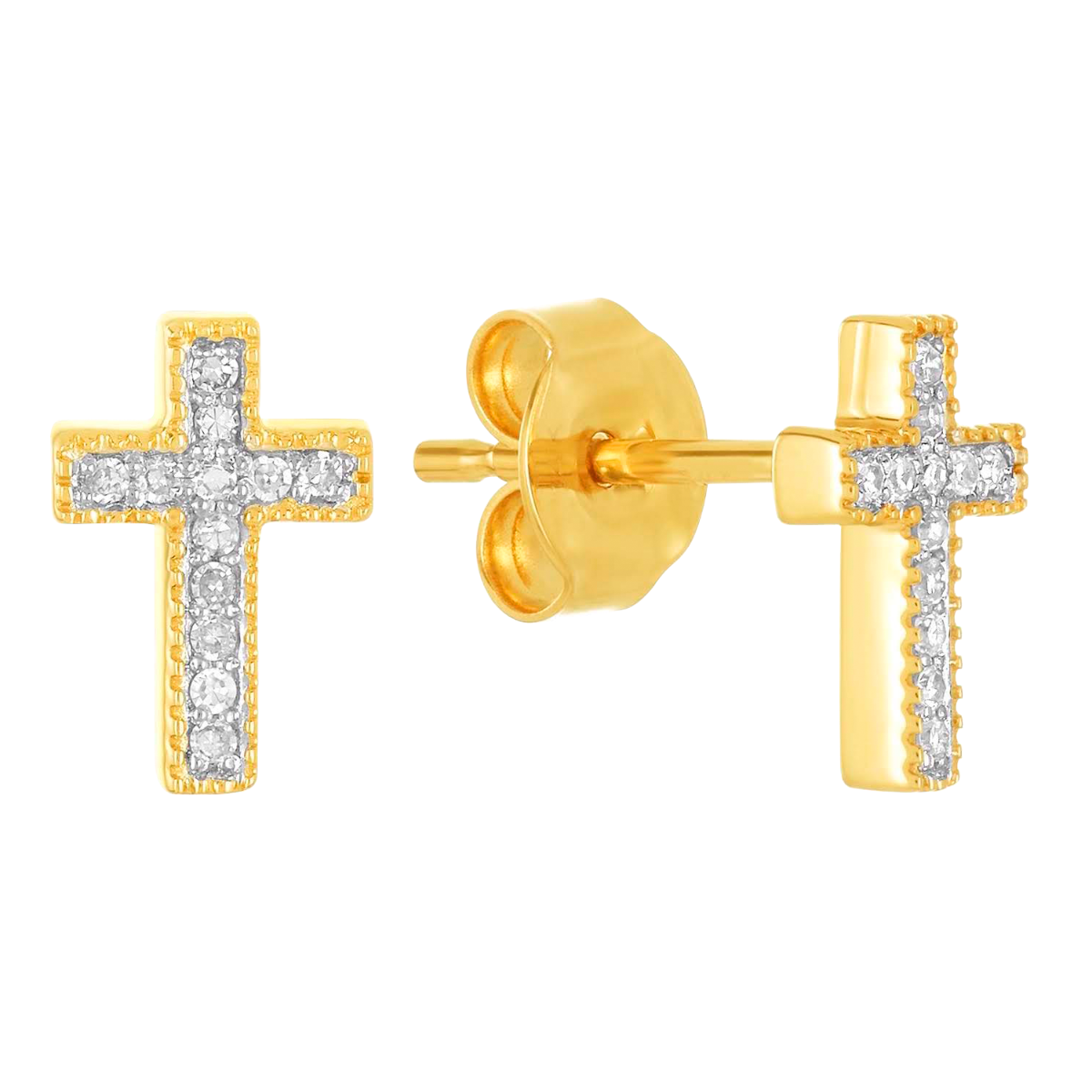 14K Yellow Gold Milgrain Cross Diamond Stud Earrings