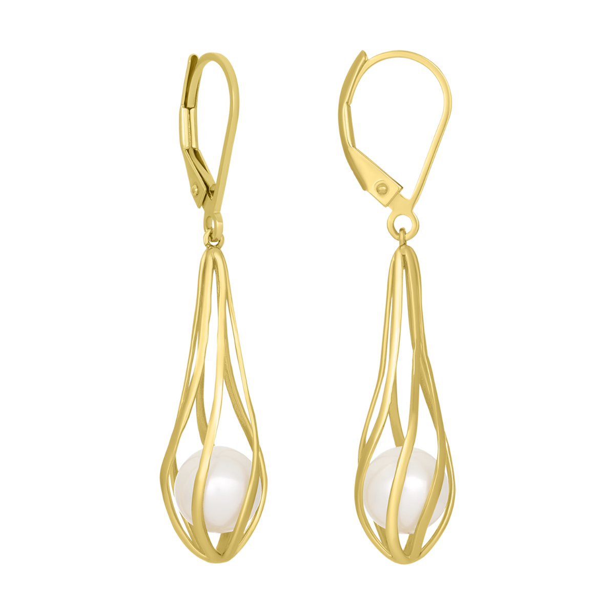 14K Yellow Gold Caged Pearl Dangle Earrings