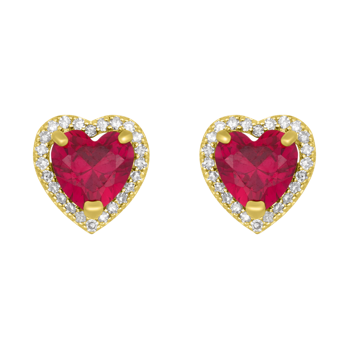 14K Yellow Gold Ruby Heart Diamond Halo Stud Earrings