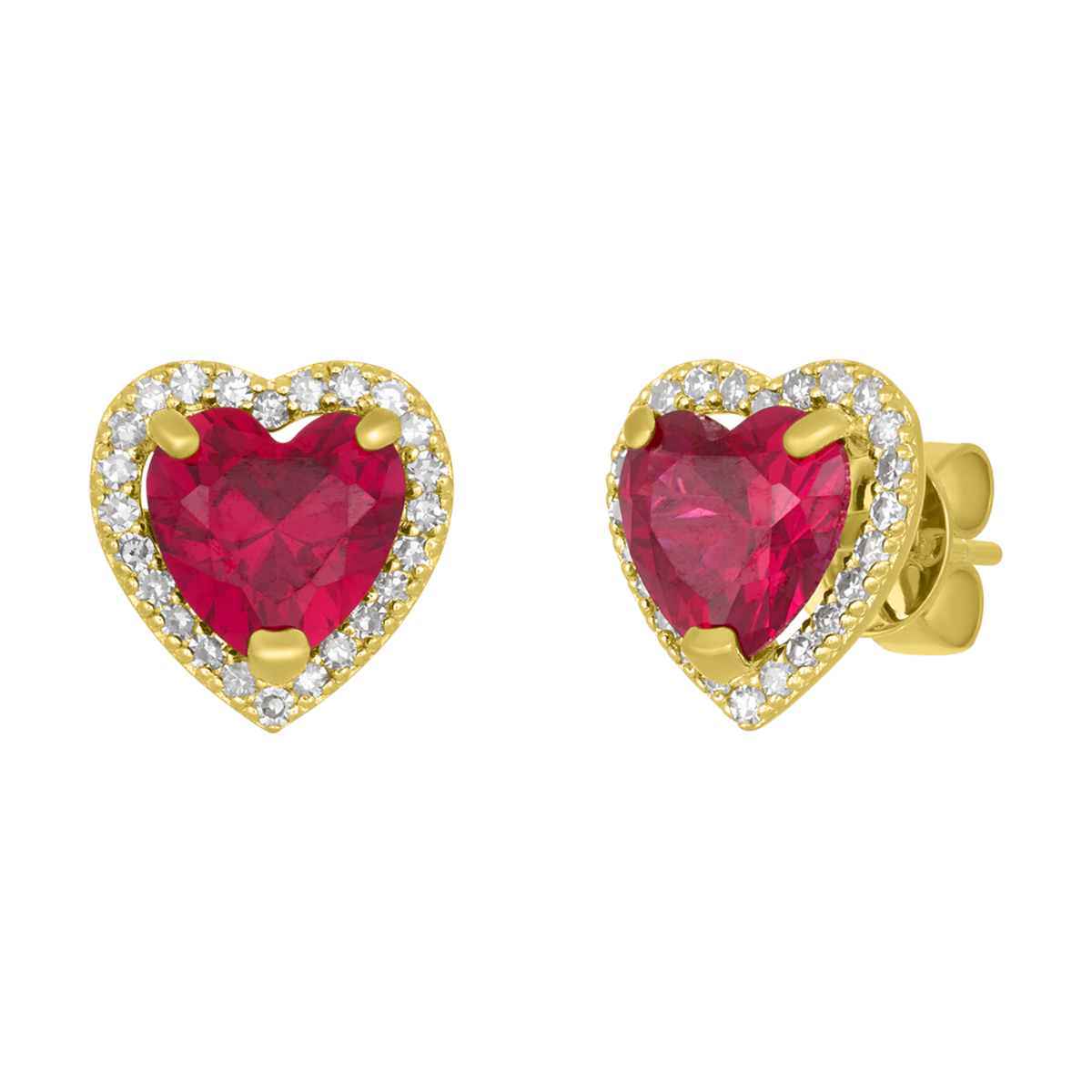 14K Gold Ruby Heart Diamond Halo Stud Earrings