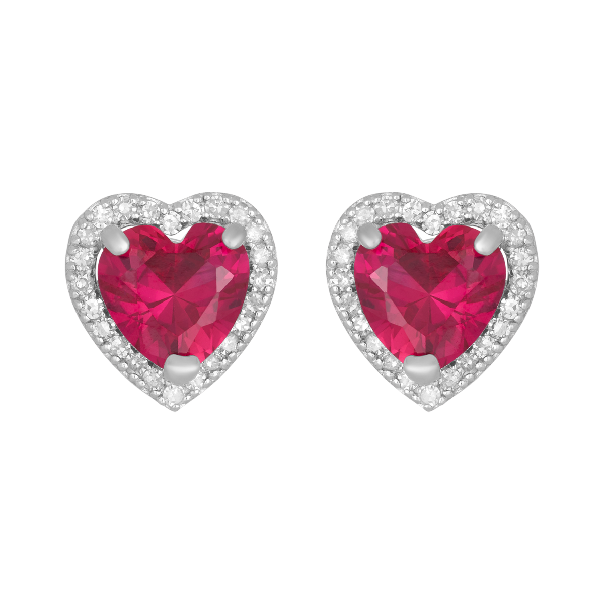 14K White Gold Ruby Heart Diamond Halo Stud Earrings