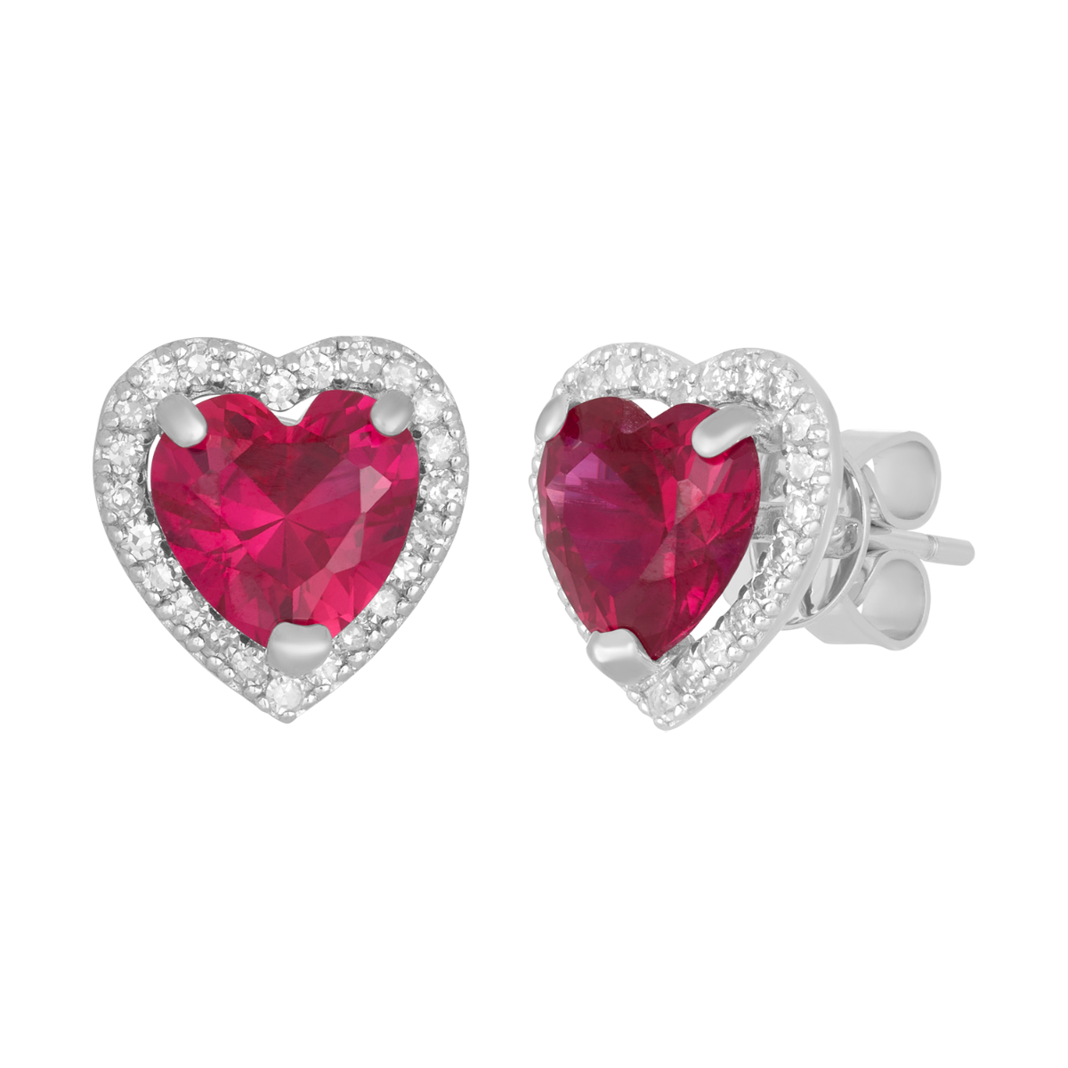 14K White Gold Ruby Heart Diamond Halo Stud Earrings