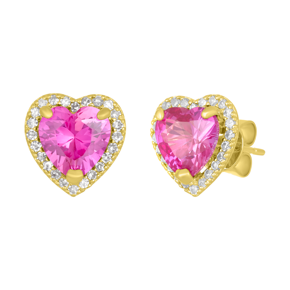 14K Gold Pink Sapphire Heart Diamond Halo Stud Earrings