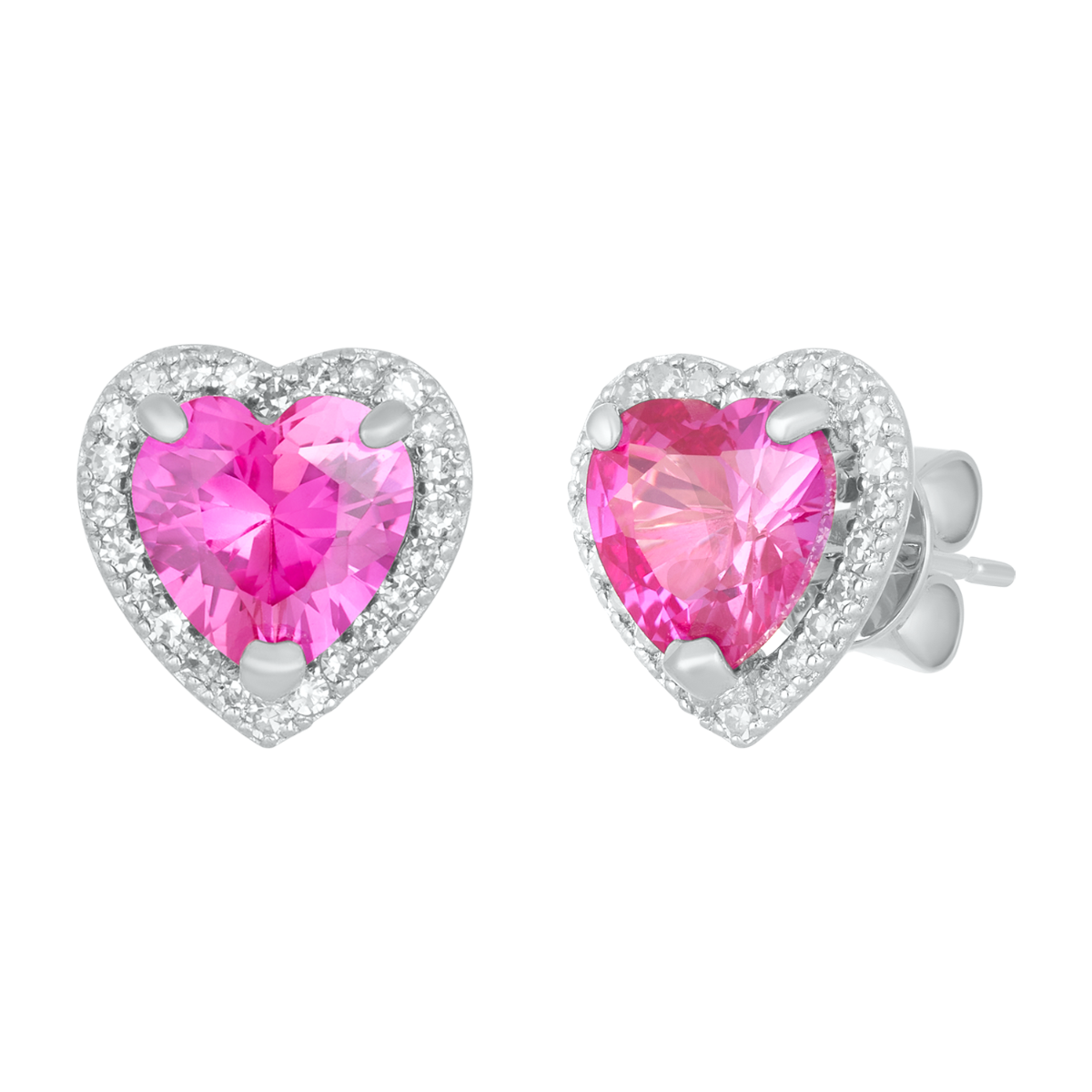 14K White Gold Pink Sapphire Heart Diamond Halo Stud Earrings