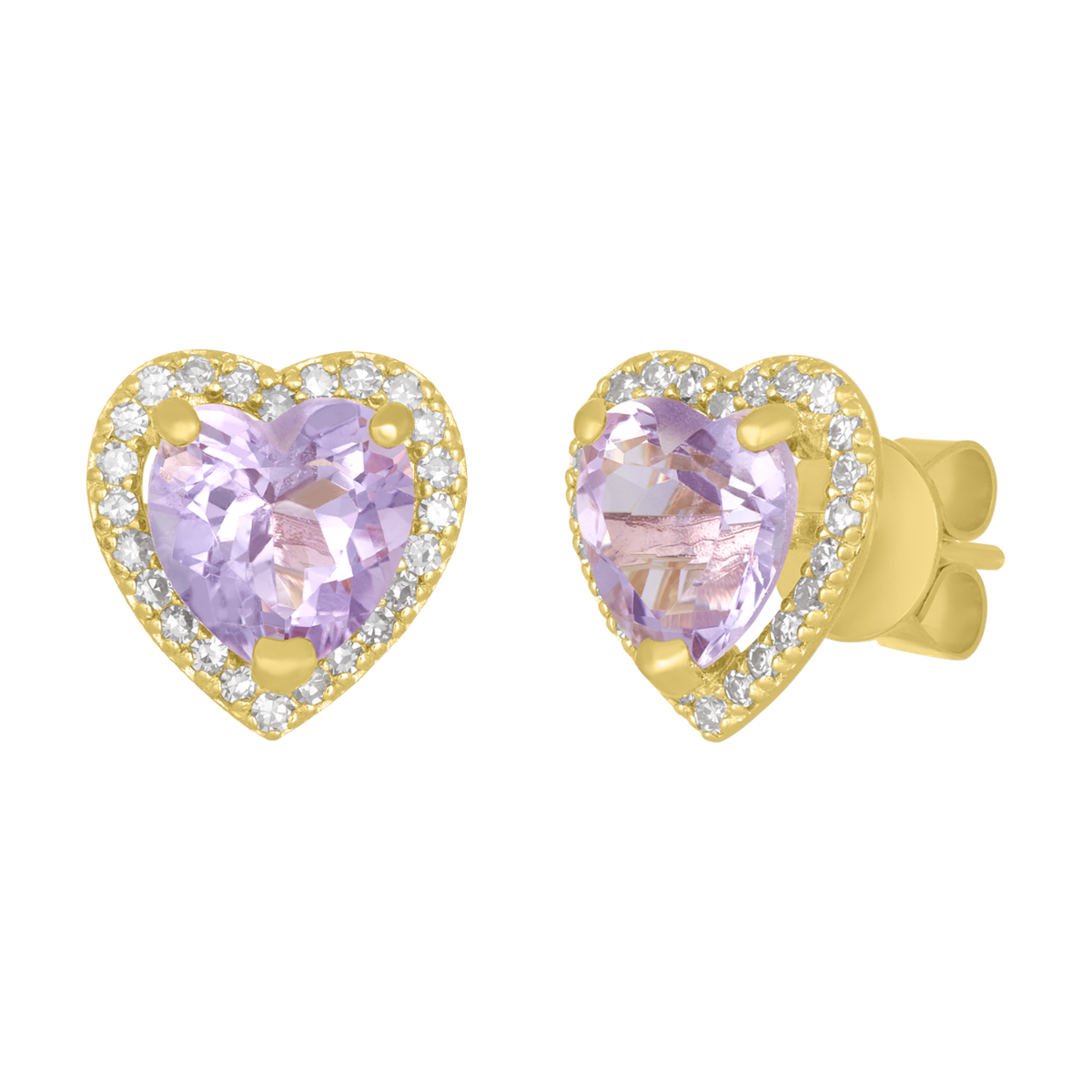 14K Gold Amethyst Heart Diamond Halo Stud Earrings