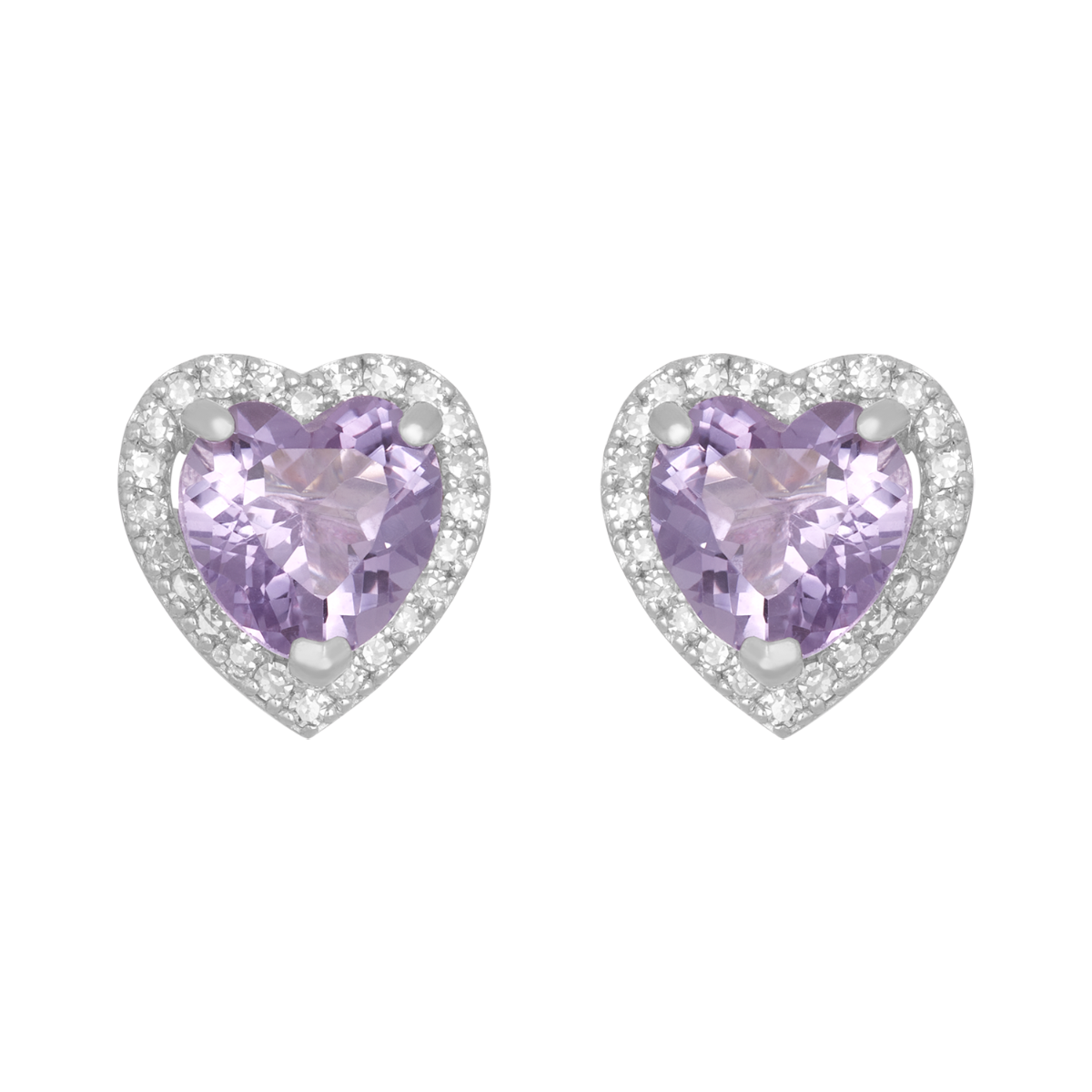 14K White Gold Amethyst Heart Diamond Halo Stud Earrings