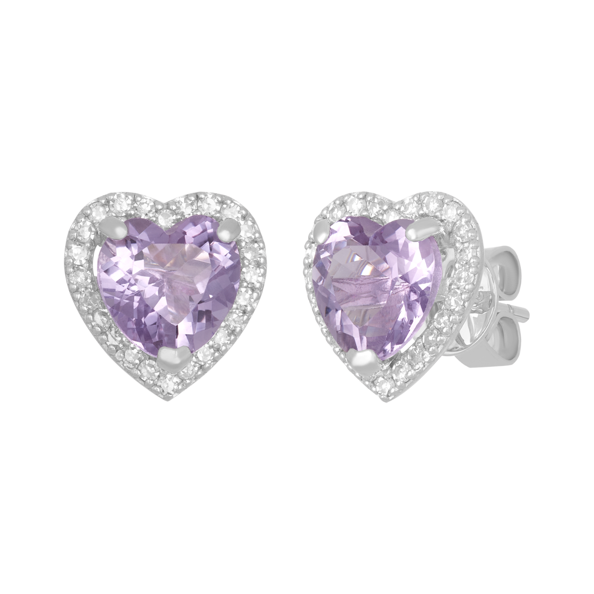 14K White Gold Amethyst Heart Diamond Halo Stud Earrings