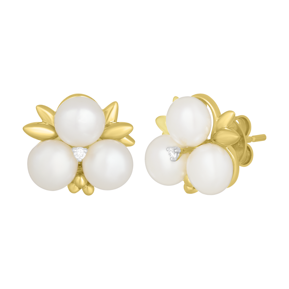 14K Yellow Gold Pearl Cluster Diamond Stud Earrings