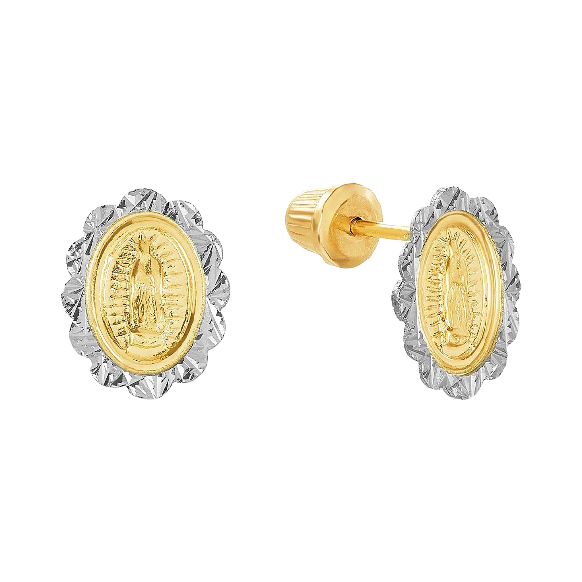 14K Two Tone Gold Oval Guadalupe Wave Edge Children's Earrings