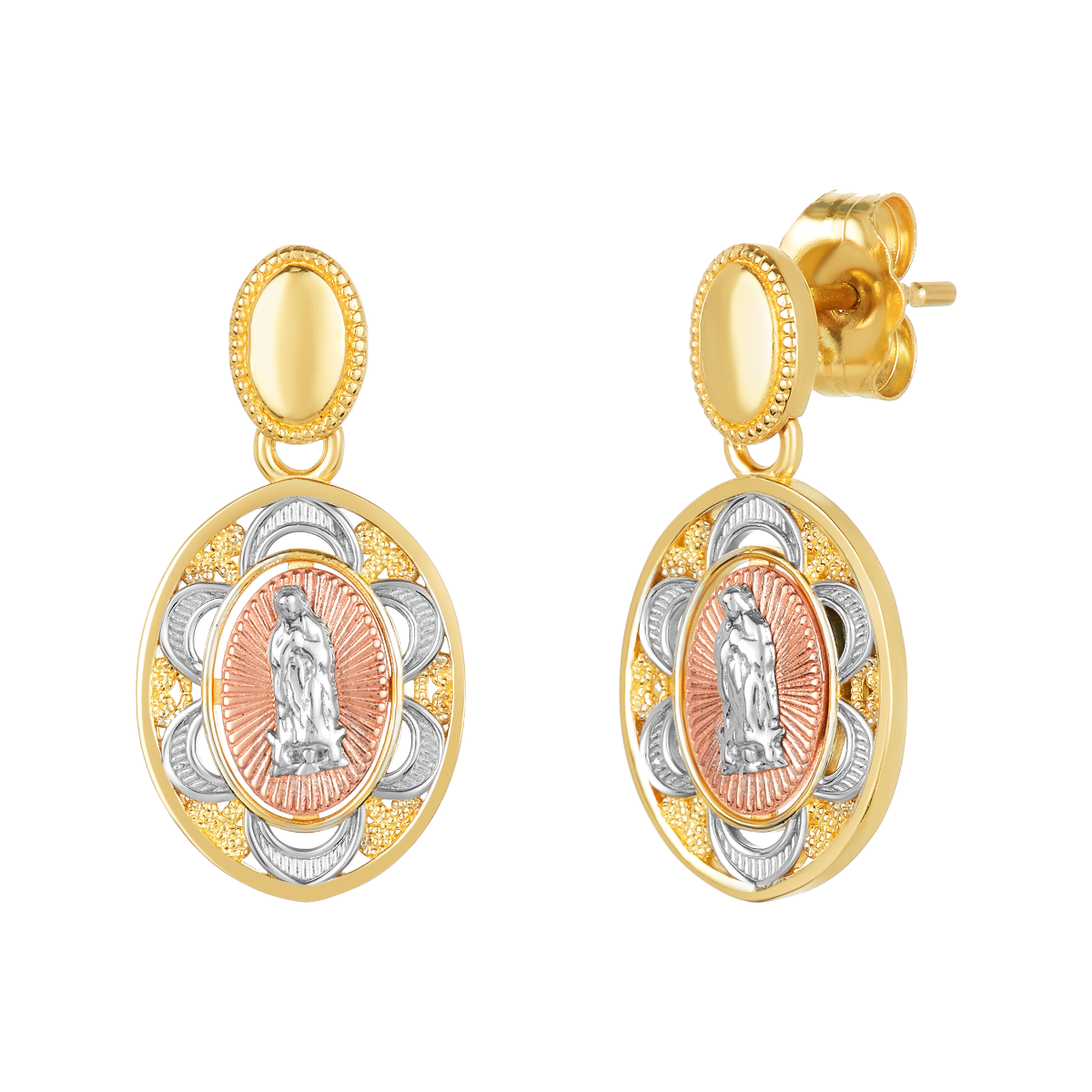 14K Gold Tri Color Lady of Guadalupe Religious Earrings