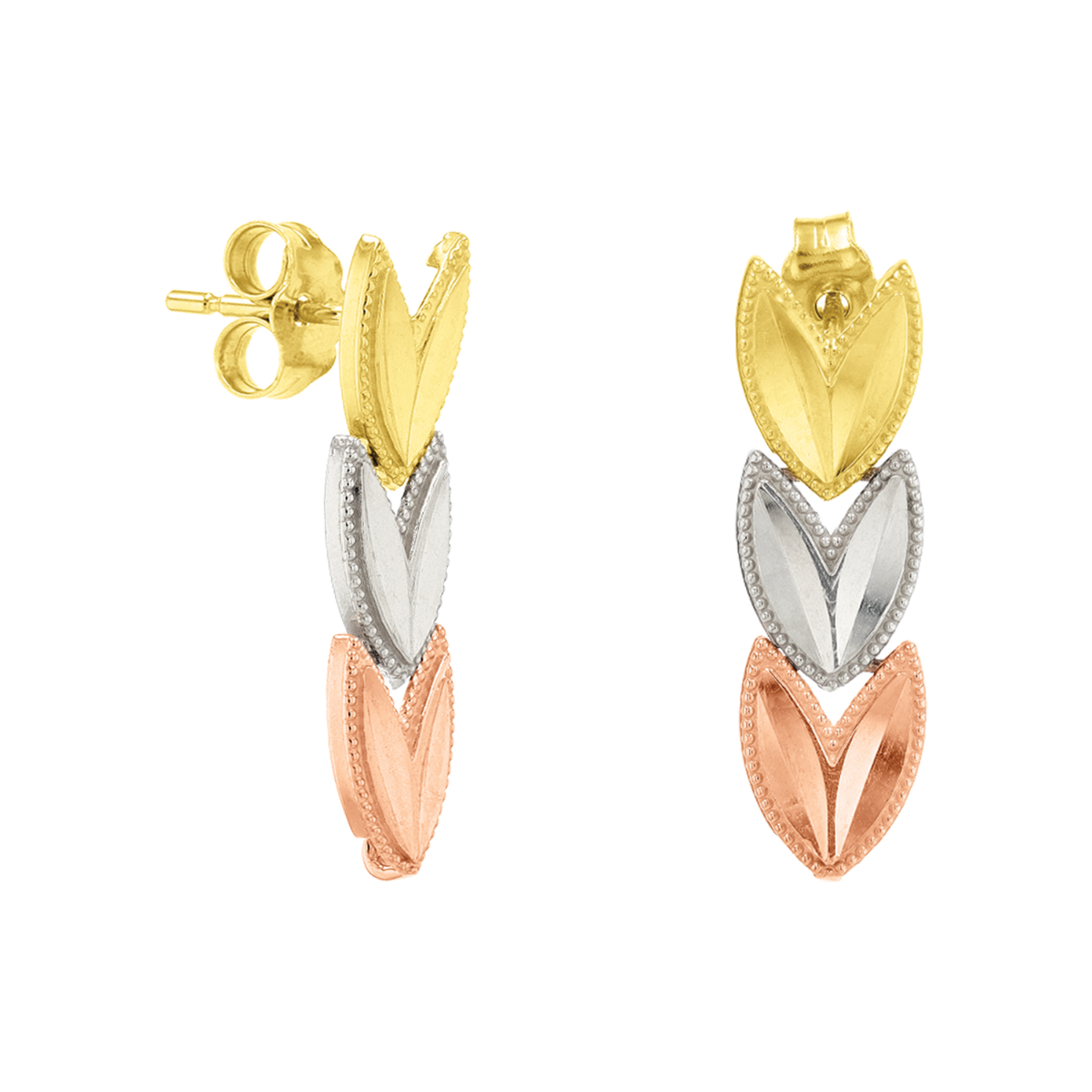 14K Tri Color Gold Chevron Dangle Earrings