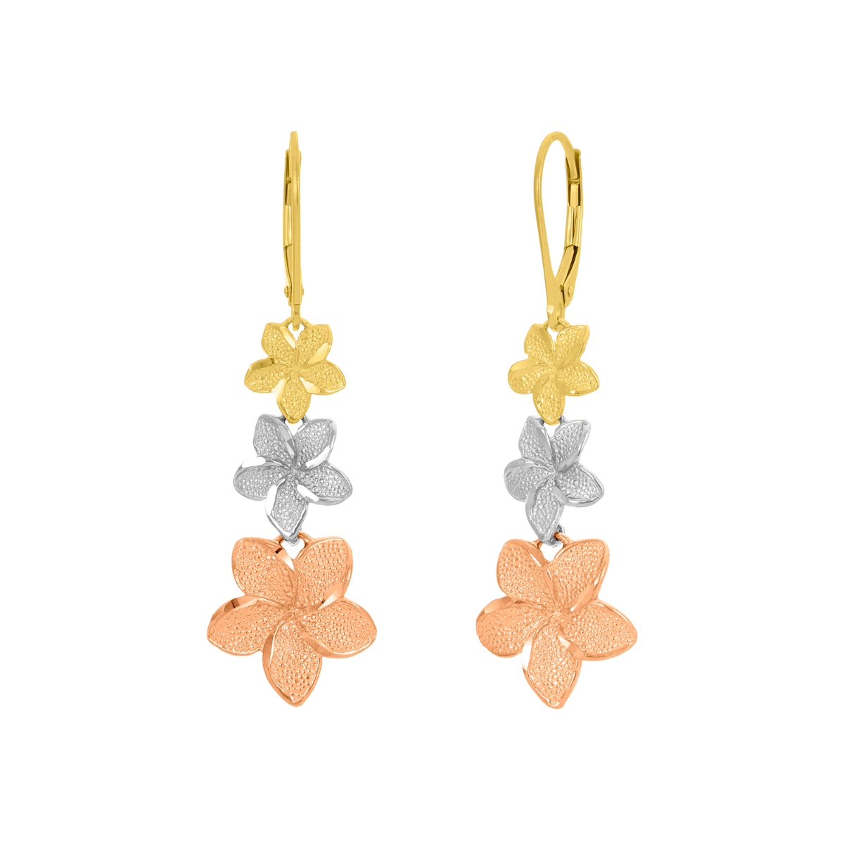 14K Tri Color Gold Plumeria Dangle Earrings