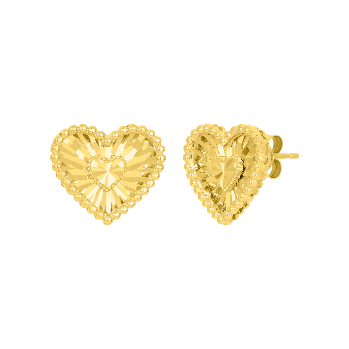 14K Yellow Gold 12mm Beaded Heart Stud Earrings