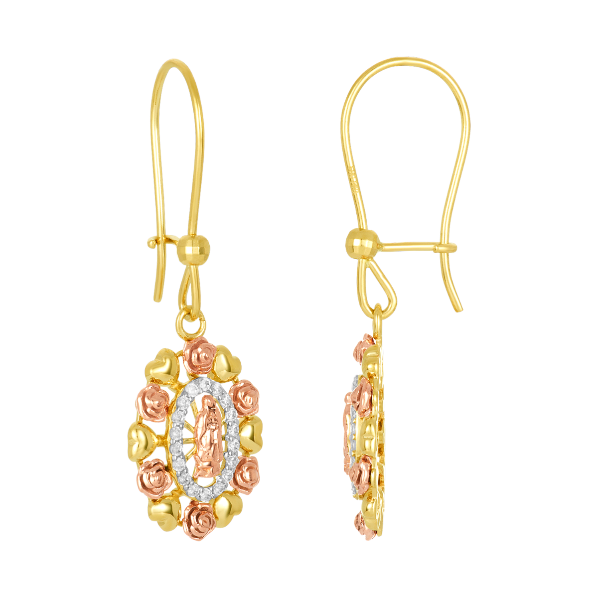 14K Tri Color Gold Rose and Heart Guadalupe Dangle Earrings