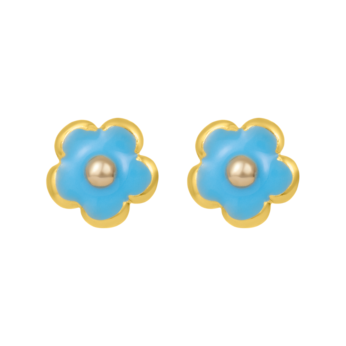 14K Yellow Gold Flower Blue Enamel Children's Earrings
