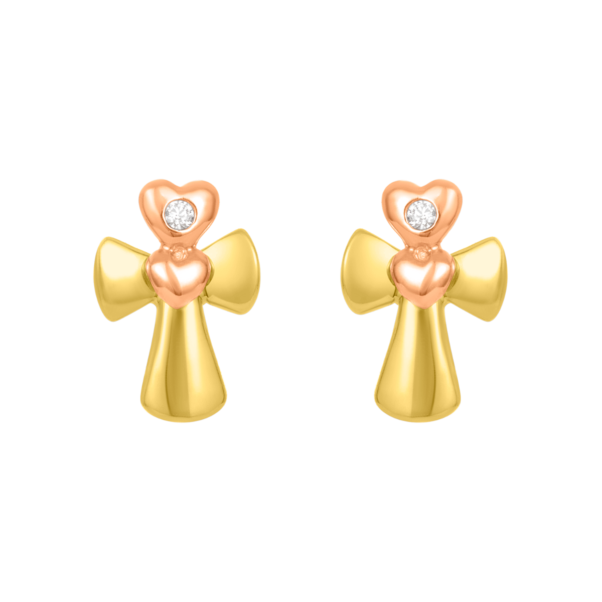 14K Two Tone Gold Cross and Heart CZ Children's Earrings